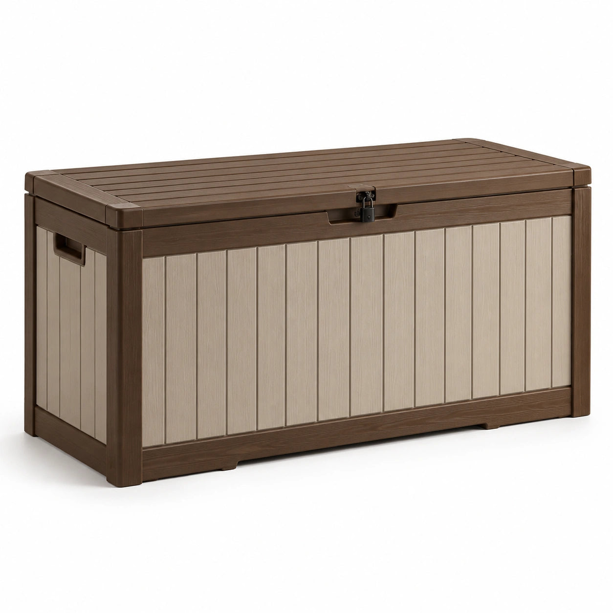 Coffre de rangement en plastique brun et beige avec système de verrouillage, 145x60x55 cm