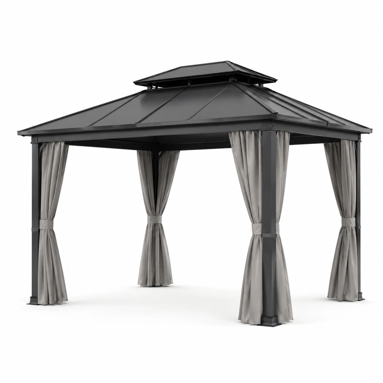 Pavillon en aluminium avec toit en acier et rideaux en polyester gris 3x4 m