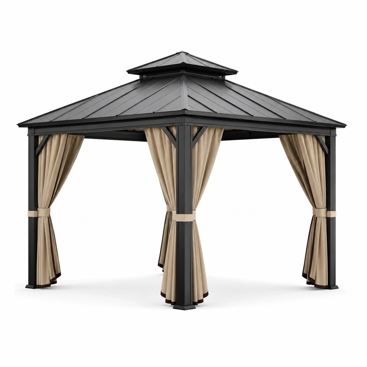 Pavillon en aluminium avec toit en acier et rideaux beiges 3x3m