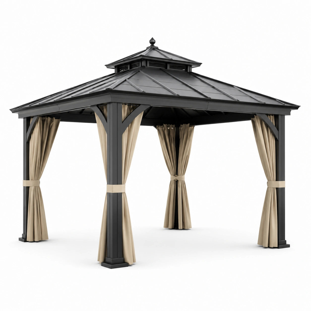 Pavillon de jardin en aluminium et acier avec rideaux 3x4m gris noir beige