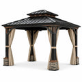 Pavillon de jardin en aluminium avec toit en acier et rideaux en polyester