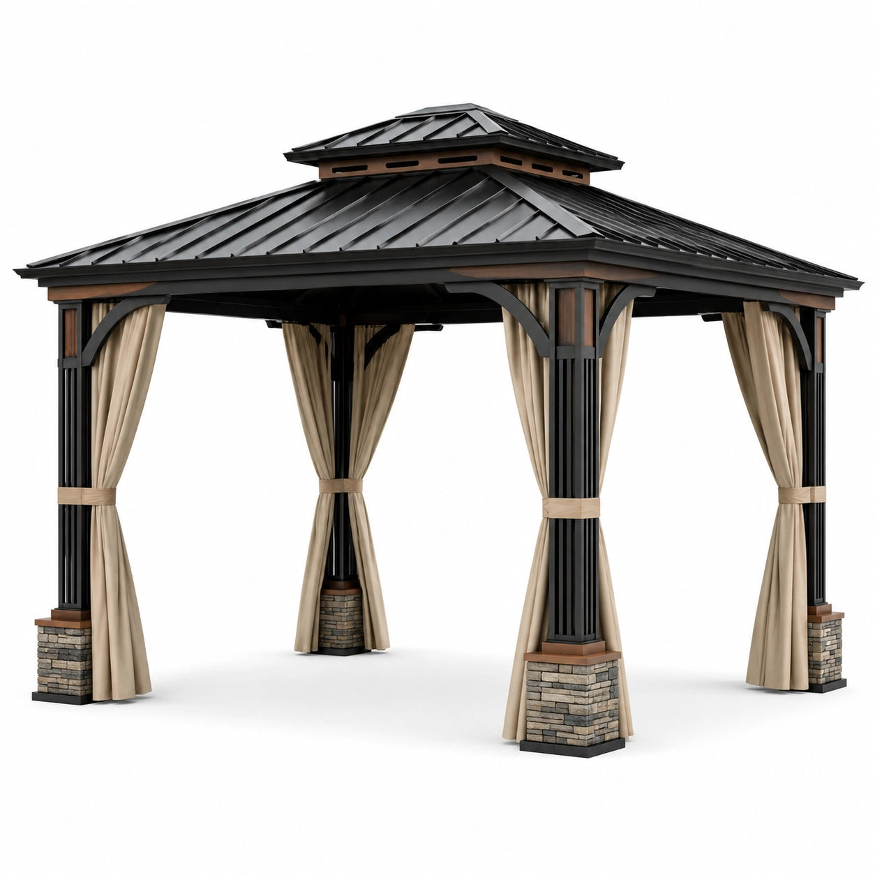 Pavillon de jardin en aluminium avec toit en acier et rideaux en polyester