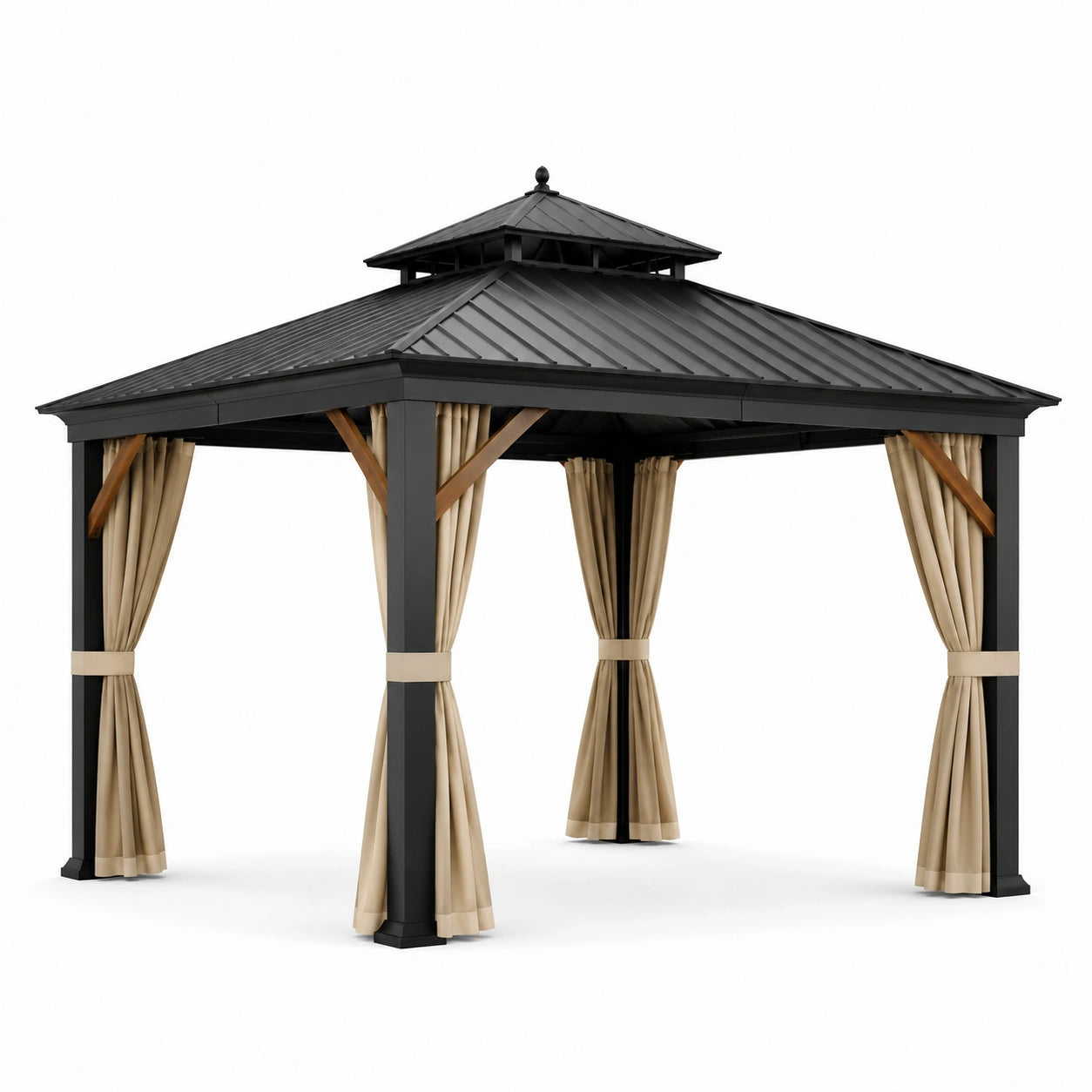 Pavillon de jardin en aluminium avec toit en acier galvanisé et rideaux en polyester beige
