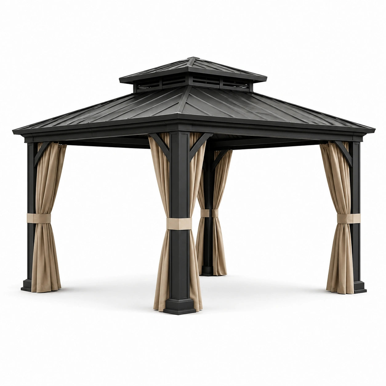 Pavillon de jardin en aluminium avec toit en acier et rideaux beige