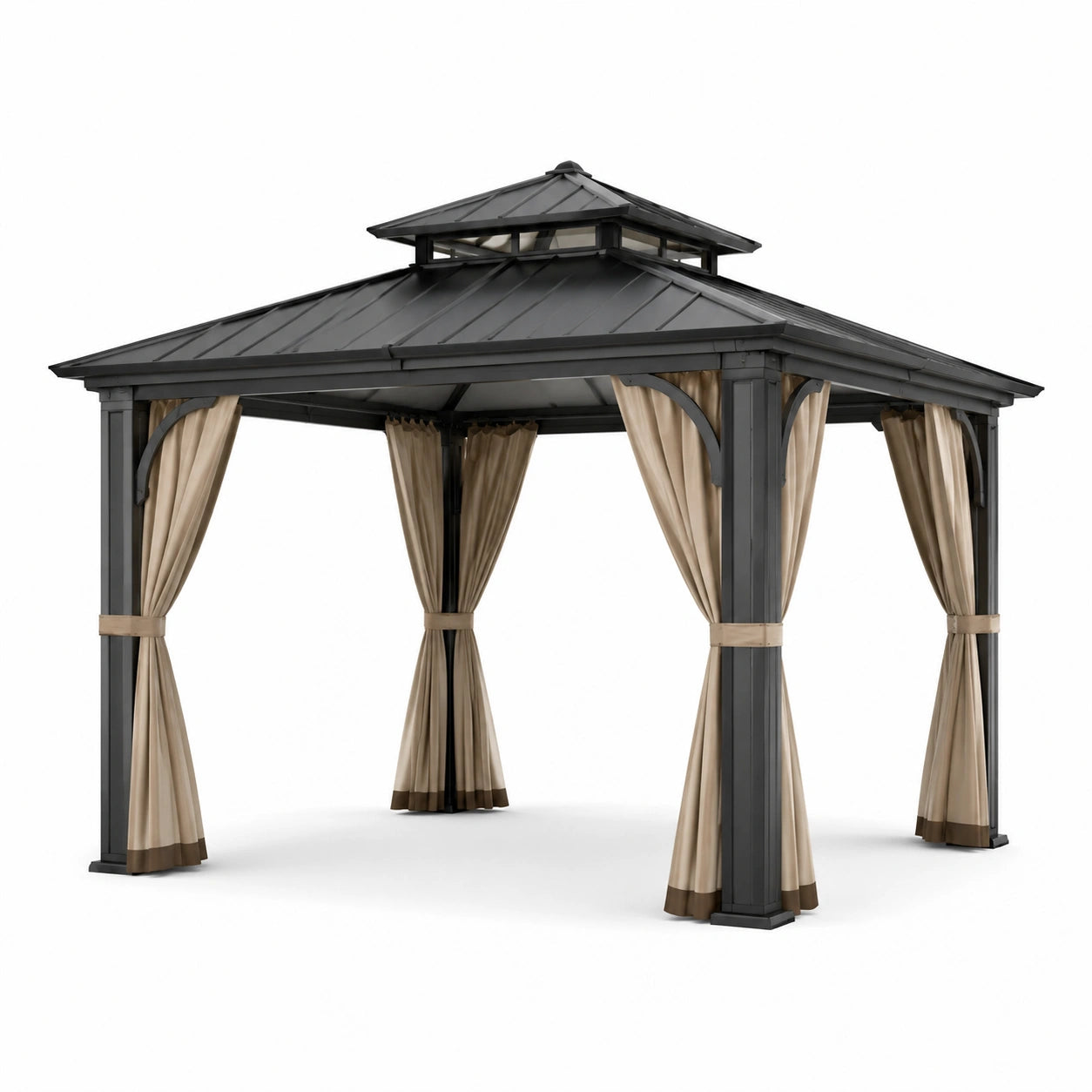 Pavillon en aluminium avec toit en acier et rideaux polyester beige 3x3m